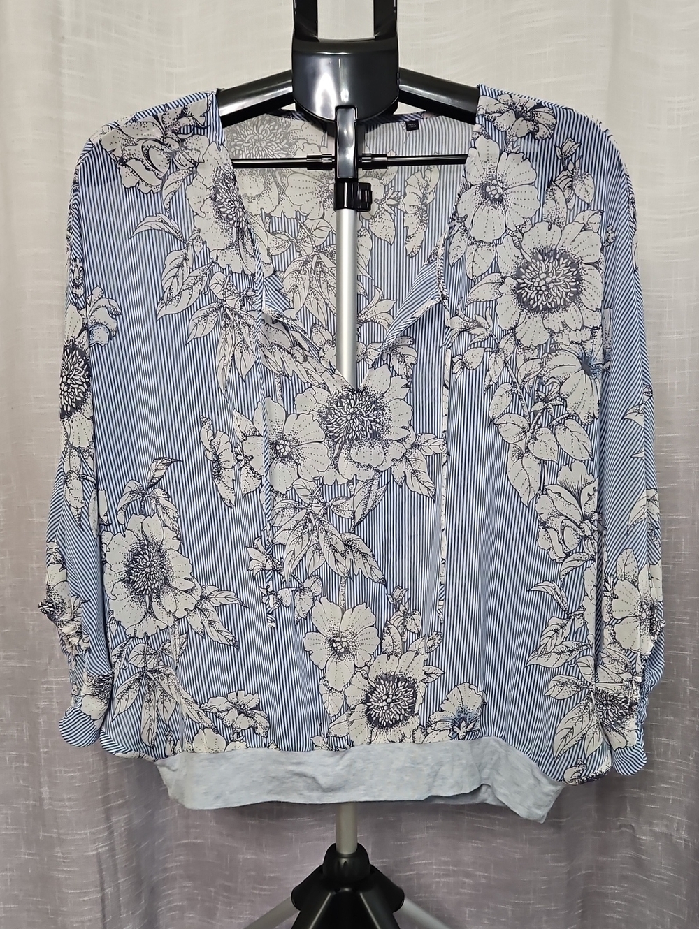 CAbi Blue and White Floral Stripe V-Neck Blouse